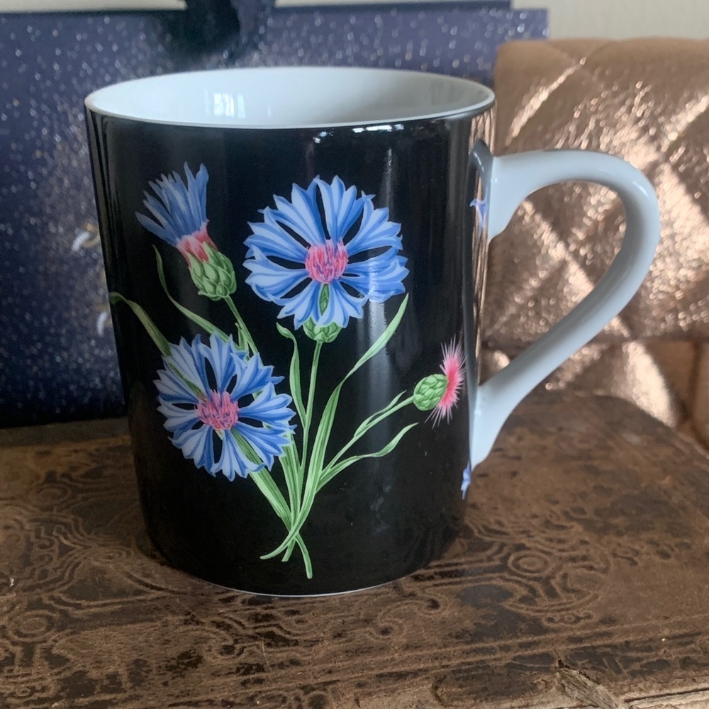 Tiffany & Co. Black Mug with Blue Floral wildflowers 2005 Design